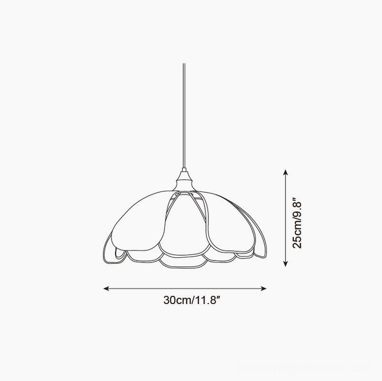Rosmira Model B pendant light technical line drawing, 30cm diameter x 25cm height, rounded multi-petal shade specification