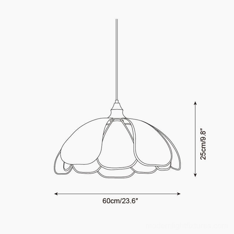 Rosmira Model B 60cm diameter floral pendant light, statement-size scalloped fabric shade technical drawing and dimensions
