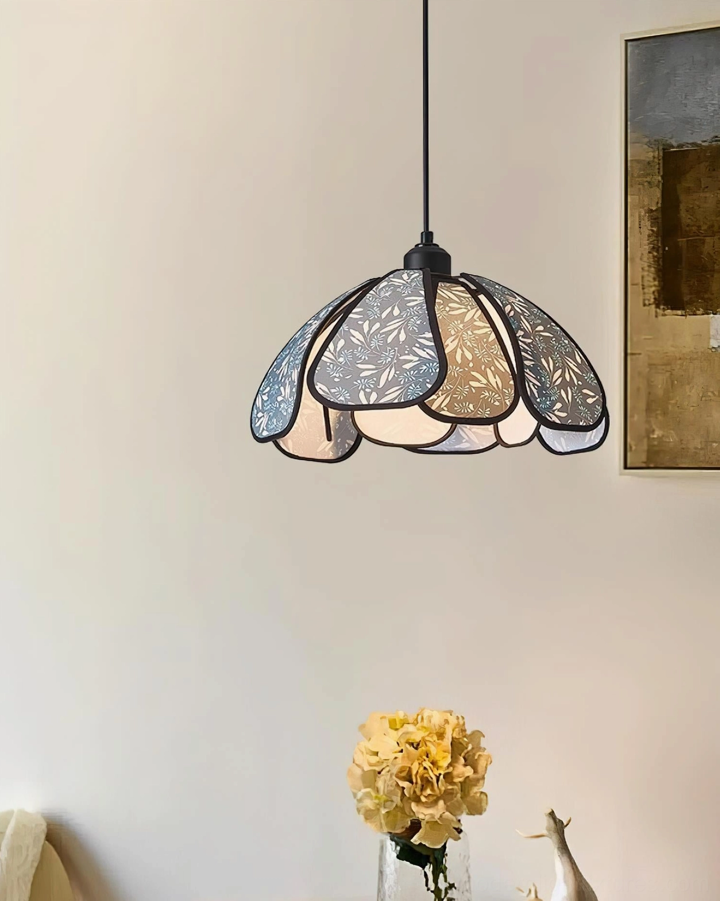 Rosmira fabric pendant light color options display, showing walnut, blue, and black finish choices for scalloped shade