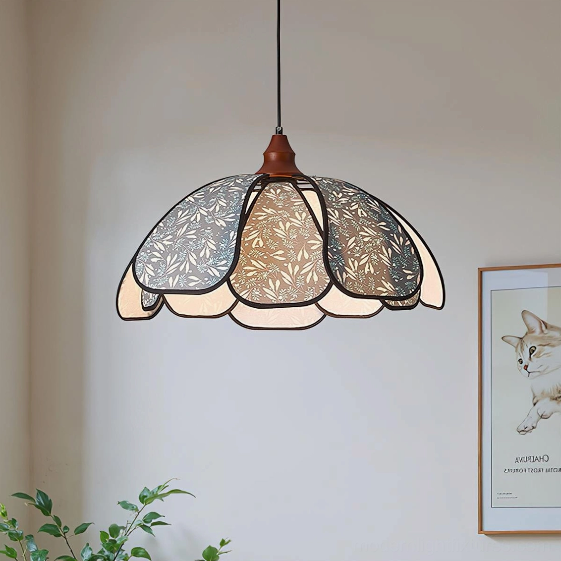 Modern floral pendant lamp with etched fabric shade, three-quarter interior view showing warm ambient lighting and minimalist room styling