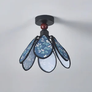 Rosmira small petal ceiling lamp with blue and black floral fabric, three-quarter angle showing metal base and wood accent details