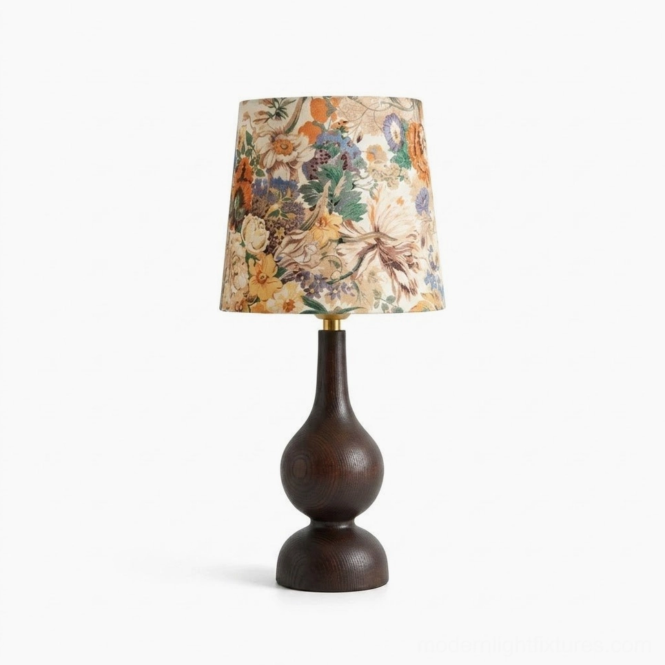 Rosmira table lamp front full view with natural floral fabric shade, walnut finish ash wood gourd base and brass hardware