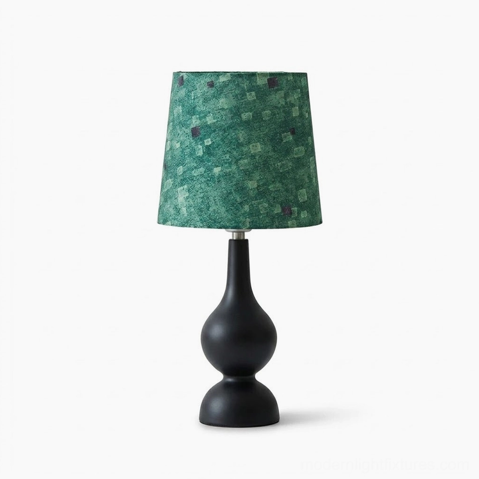 Rosmira table lamp front view featuring green checkered weave fabric shade with walnut ash wood base and brass stem