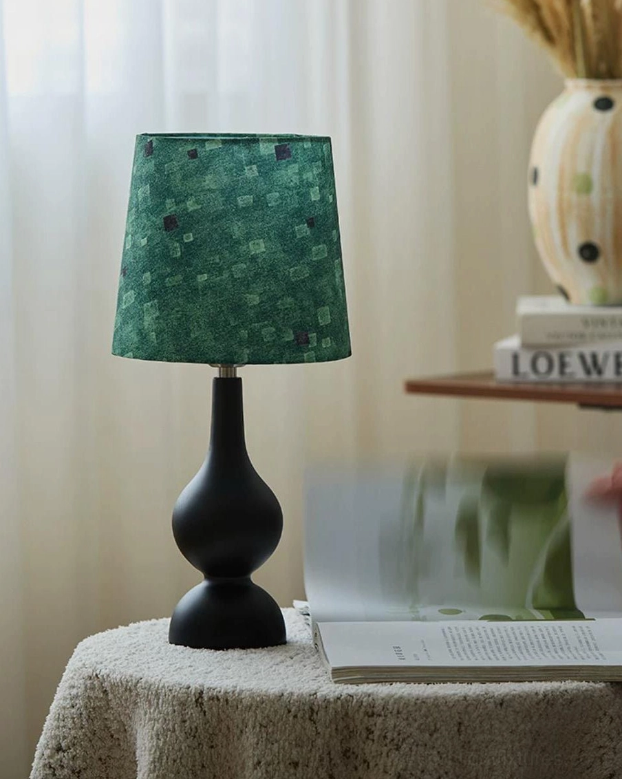 Rosmira ash wood table lamp close-up detail of walnut-finish gourd base and brass stem hardware