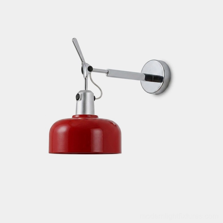 Rosso adjustable mid-century wall sconce with red aluminum drum shade and polished chrome arm, front studio view
