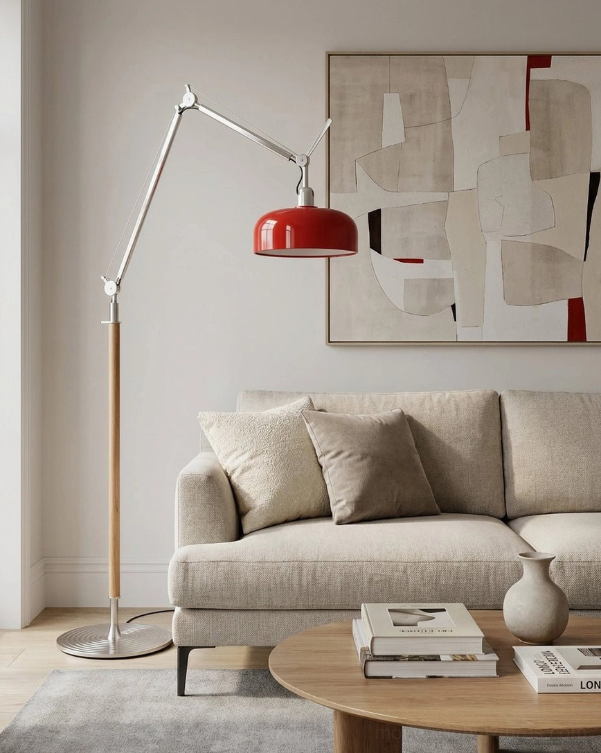 Rosso floor lamp detail angle showing electroplated aluminum joints and two-section articulating arm mechanism