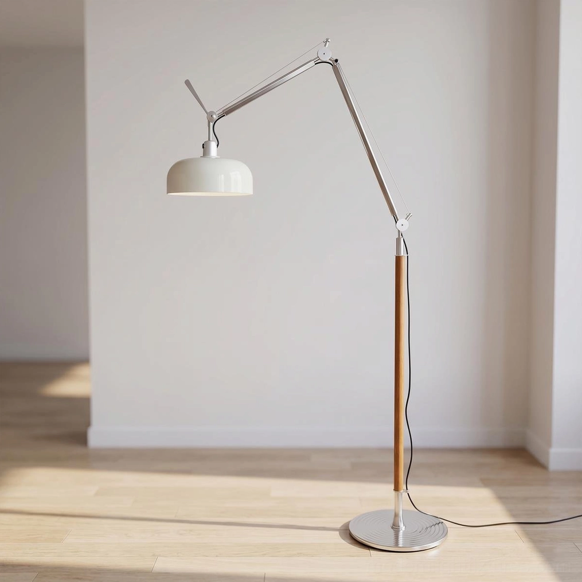 Rosso articulating floor lamp with cream dome shade showing neutral low-key aesthetic and design proportions