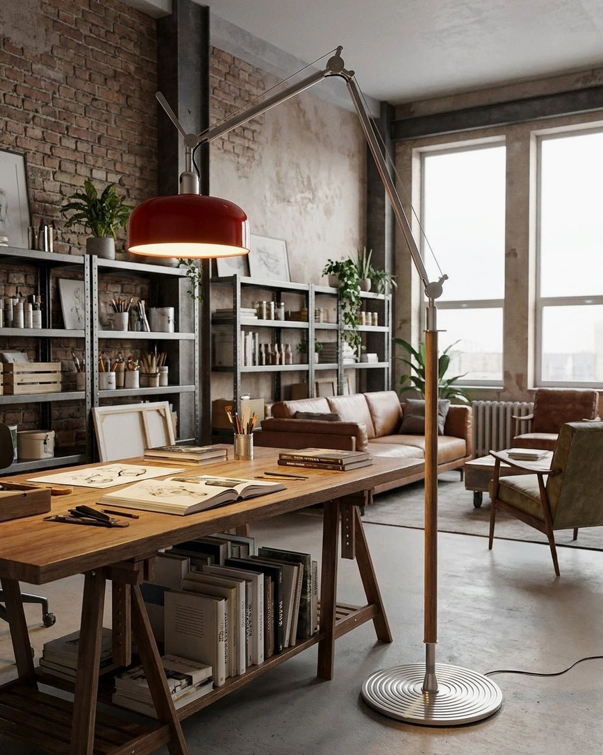 Rosso adjustable arm floor lamp with extended reach shown in industrial-style multi-use studio space