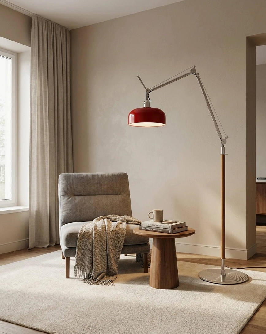 Rosso articulating floor lamp with red shade creating accent light in cozy modern living room with fabric armchair