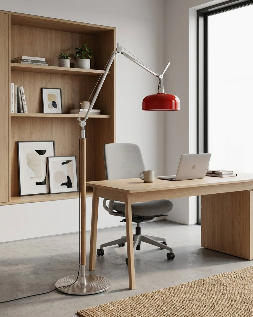 Rosso floor lamp positioned beside modern wood desk in contemporary home office workspace