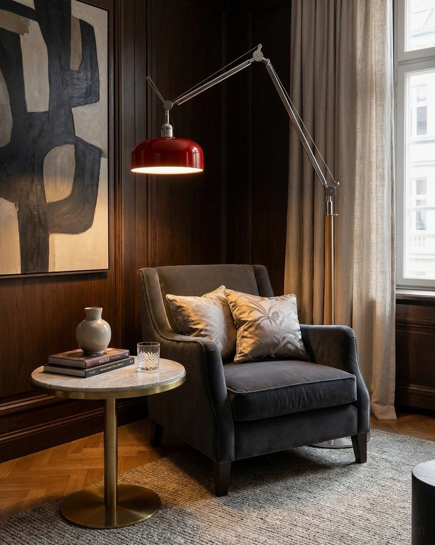Rosso floor lamp positioned over upholstered armchair in dark wood-paneled reading nook interior