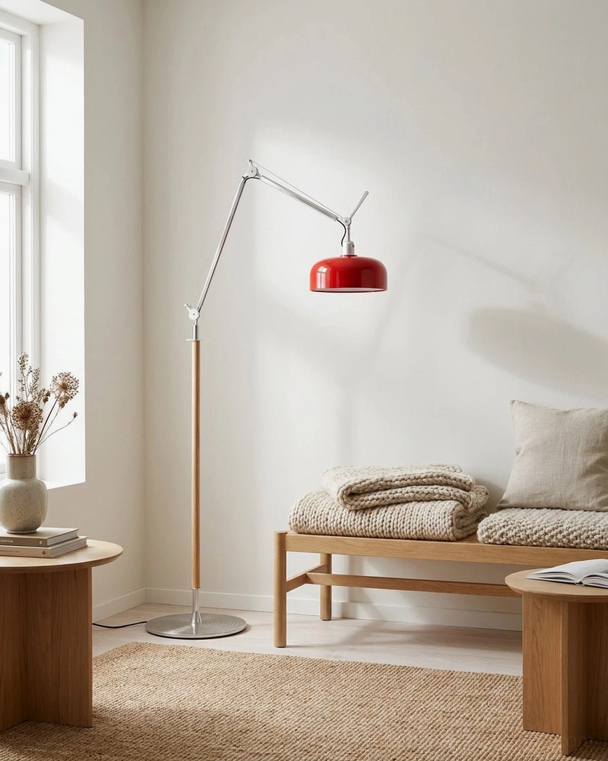 Rosso floor lamp with red dome shade showing weighted aluminum base ribbed design and ash wood pole construction
