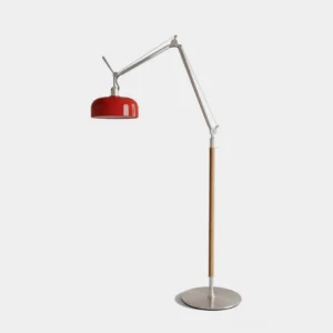 Rosso articulating floor lamp with red dome shade, aluminum arm, and white-ash pole on weighted ribbed base
