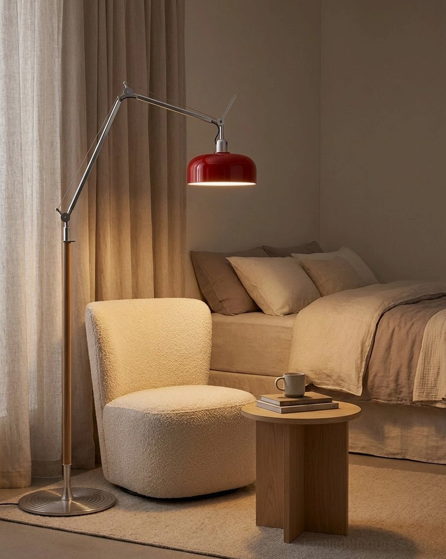 Rosso articulating floor lamp side angle view showing sculptural form and geometric proportions of mid-century design