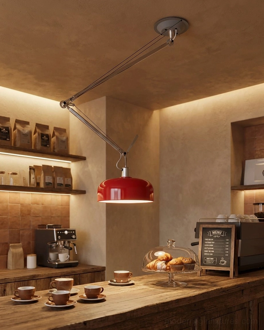 Red swing-arm pendant light in warm rustic cafe counter space
