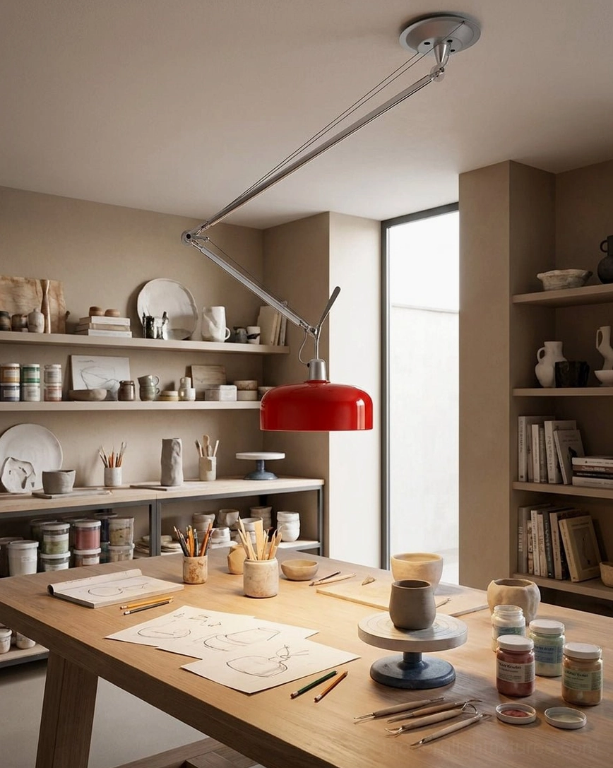 Rosso red swing-arm pendant over home craft workshop desk and wooden work surface