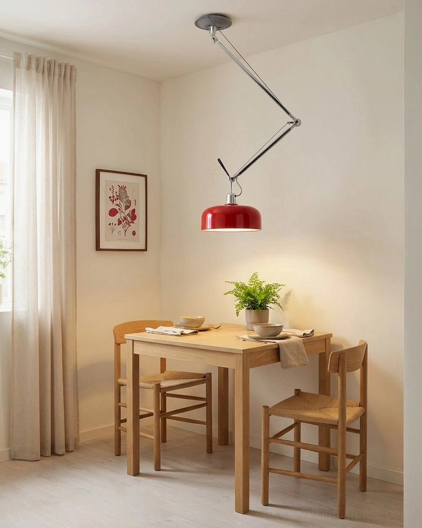 Rosso red swing-arm pendant lighting small apartment dining nook with natural window light
