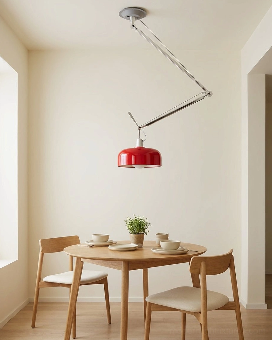 Rosso red articulating pendant over wooden dining table