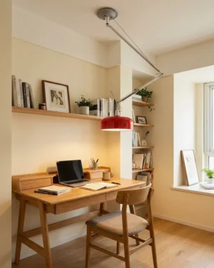Red swing-arm pendant light illuminating modern home office workspace with wooden desk