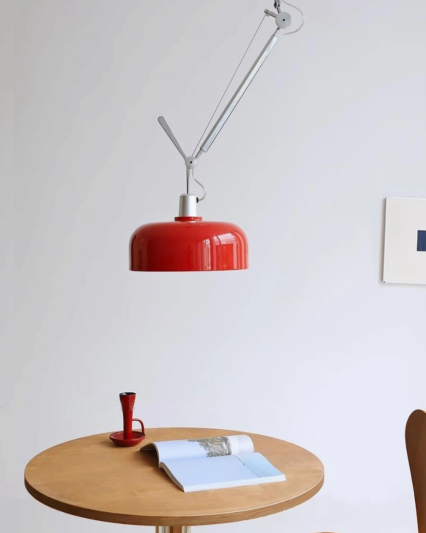 Red Rosso pendant light dome shade showing glossy baked-paint finish and dimension