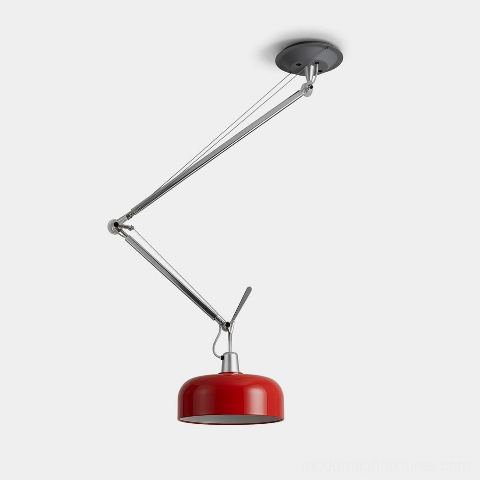 Rosso red articulating swing-arm pendant light with glossy baked-paint dome shade on white background