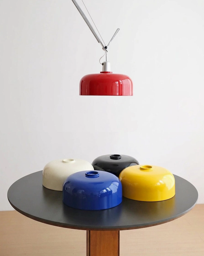 Multiple Rosso pendant light shade colors displayed: red, blue, yellow, cream, black baked-paint domes