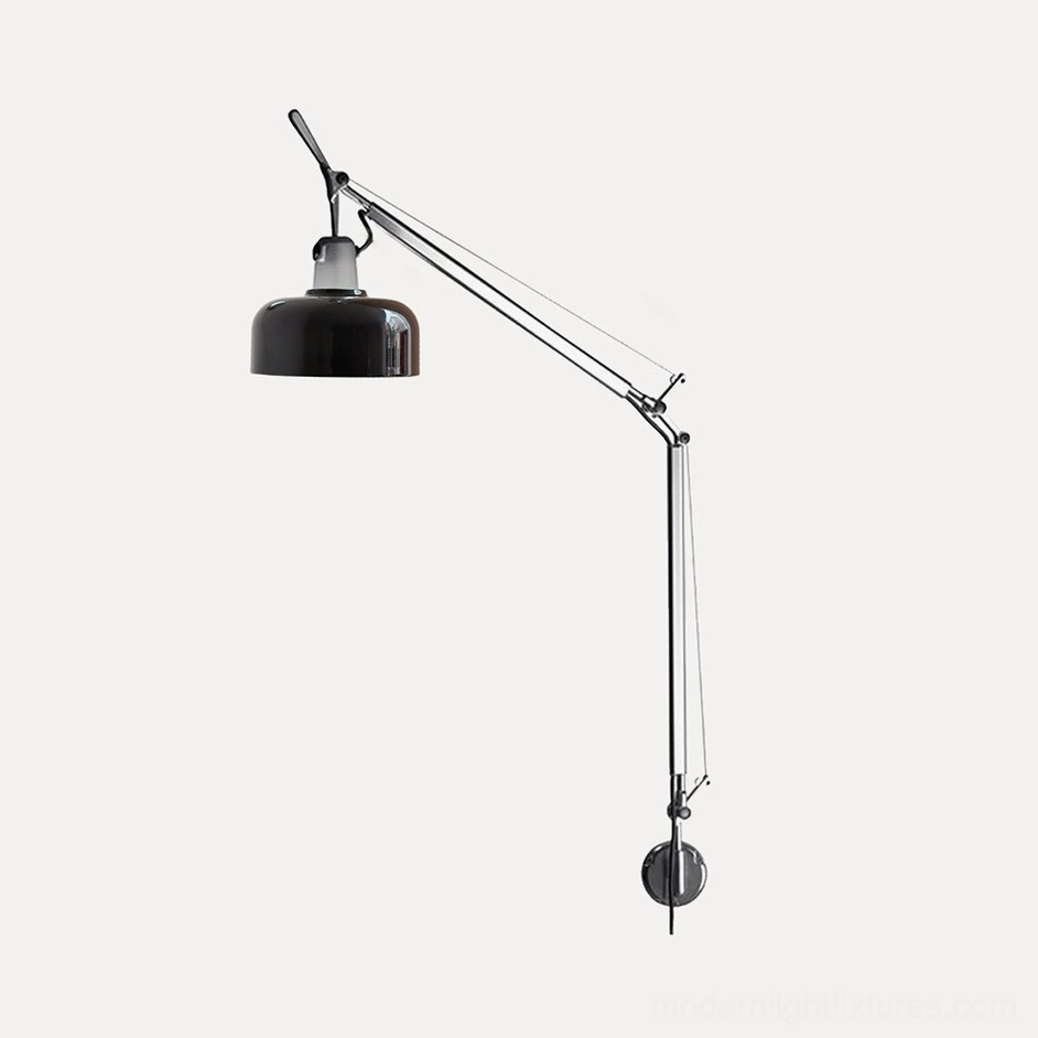 Black swing arm wall sconce dome shade showing modern industrial design aesthetic and electroplated joints
