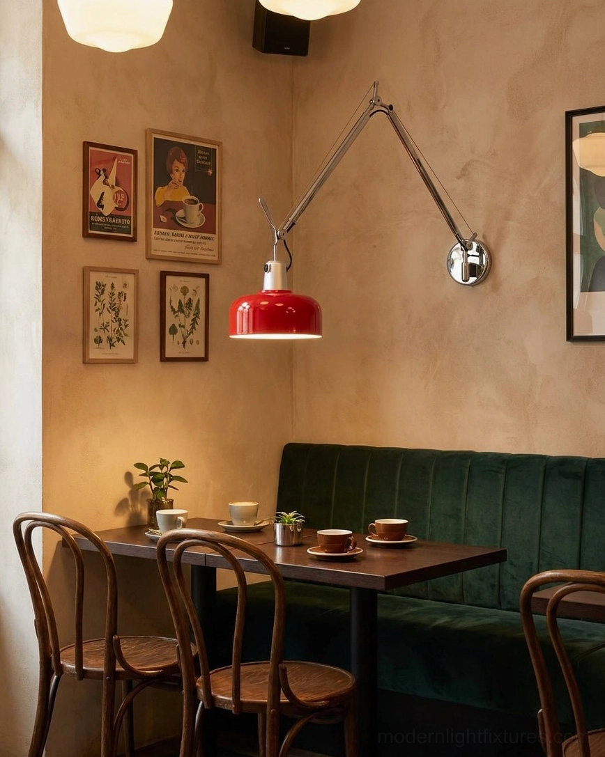 Industrial style swing arm wall sconce mounted on textured plaster wall in restaurant dining area
