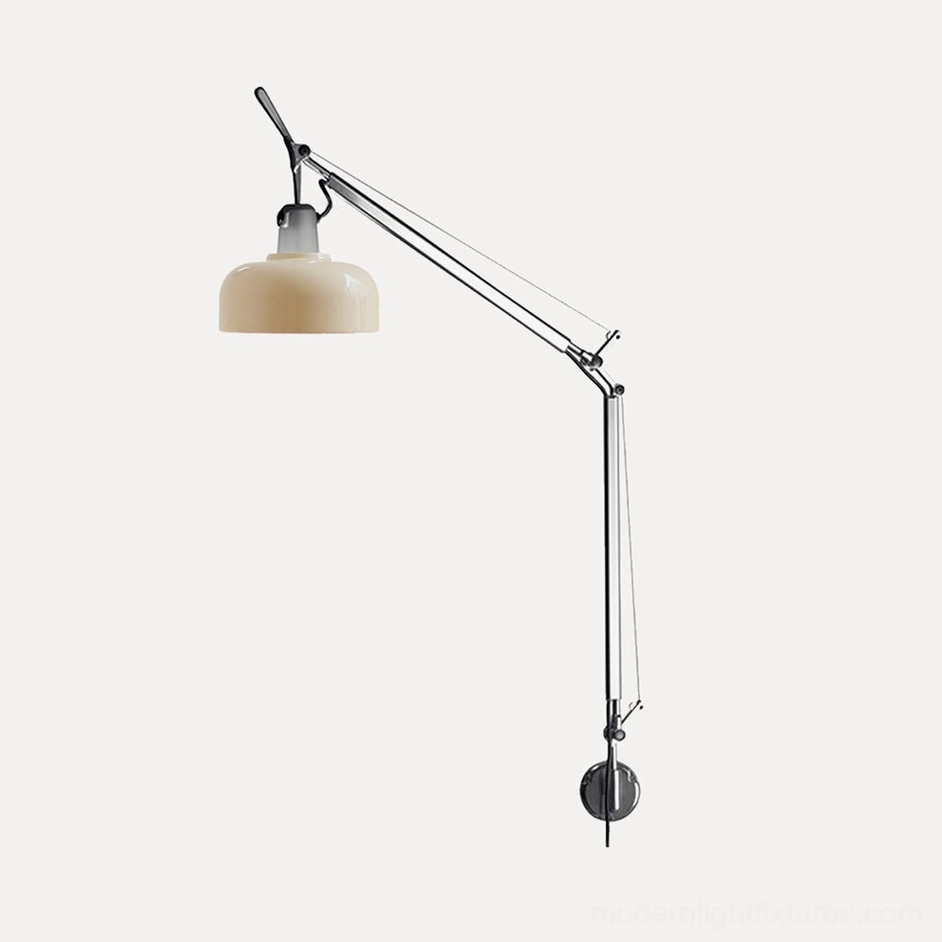 Cream colored swing arm wall sconce shade, full product view of Rosso articulating light fixture