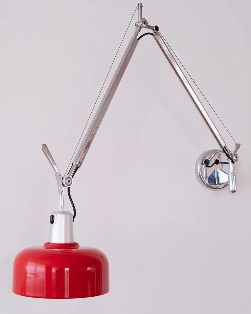 Close-up detail of Rosso swing arm sconce showing polished chrome electroplated pivot joints and articulation mechanism