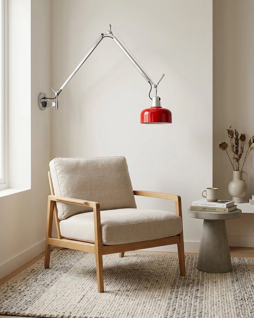 Red dome shade swing arm sconce beside upholstered armchair in modern living room lounge area