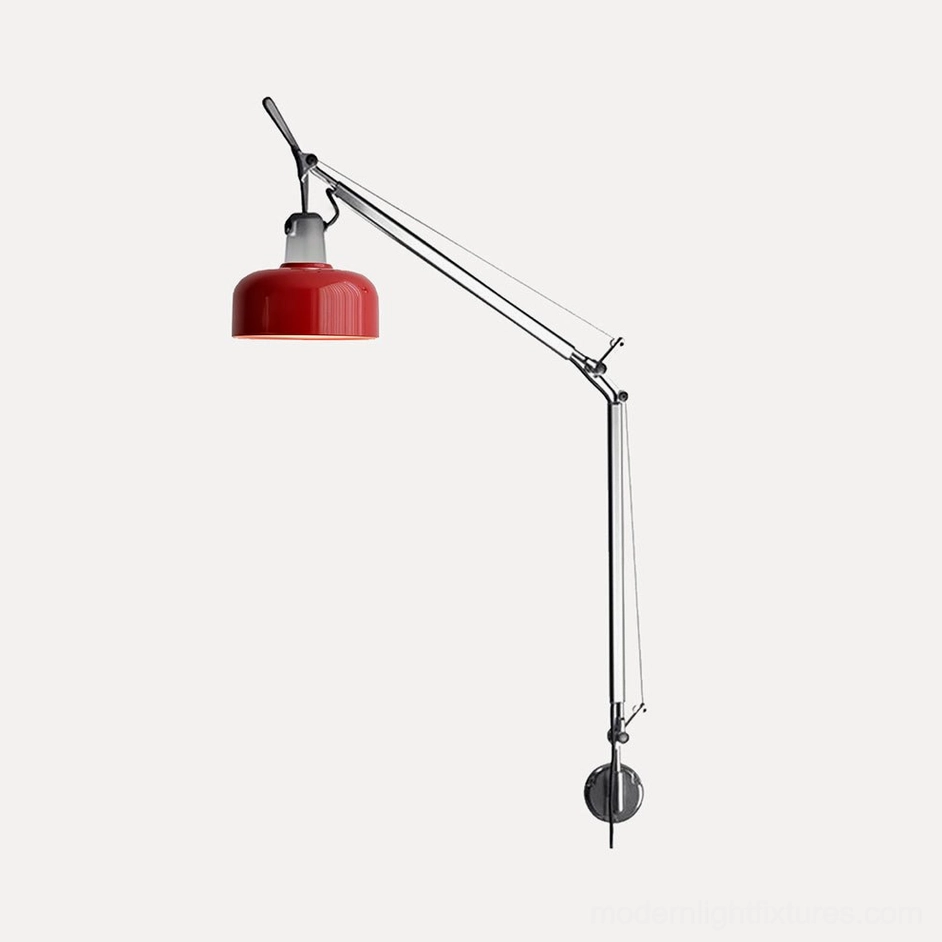 Vermillion red Rosso swing arm sconce statement accent light, bold color dome shade for modern rooms