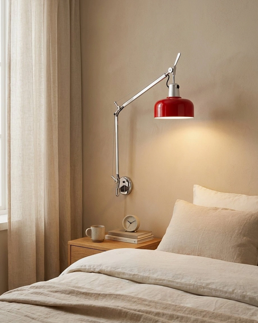 Red swing arm wall sconce mounted beside bed headboard in bedroom, showing residential use for reading light