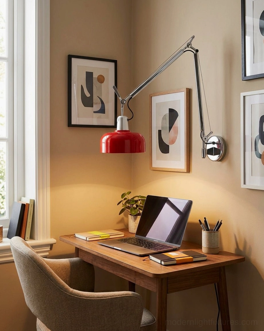 Rosso swing arm sconce mounted above wooden study desk in home office, demonstrating functional task lighting for workspace