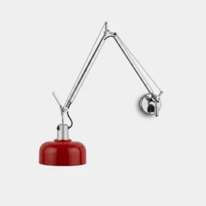 Rosso swing arm wall sconce with vermillion red dome shade, studio product shot showing articulating aluminum arm and electroplated pivot joints