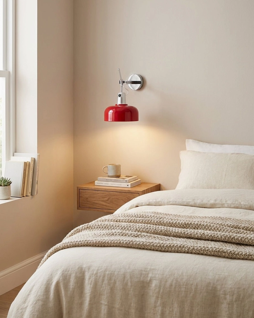 Red Rosso adjustable sconce in master bedroom bedside lighting setup with made bed