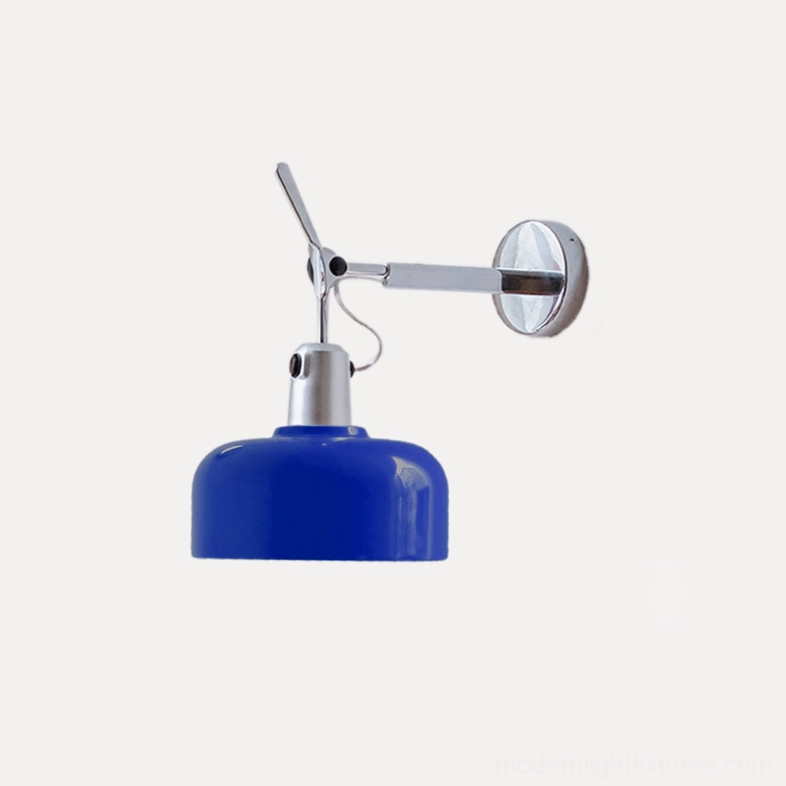 Rosso wall sconce with blue aluminum drum shade, cool retro industrial 70s design