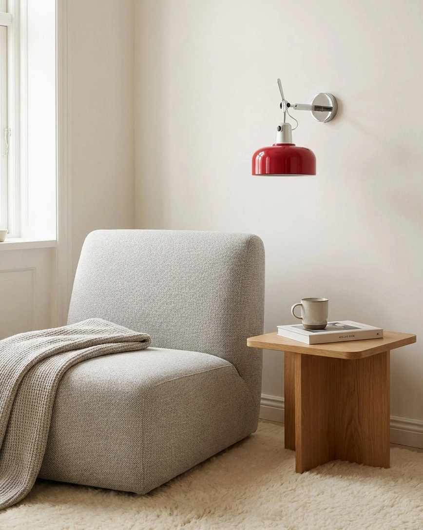 Red Rosso swing arm sconce in minimalist living room lounge corner with linen armchair