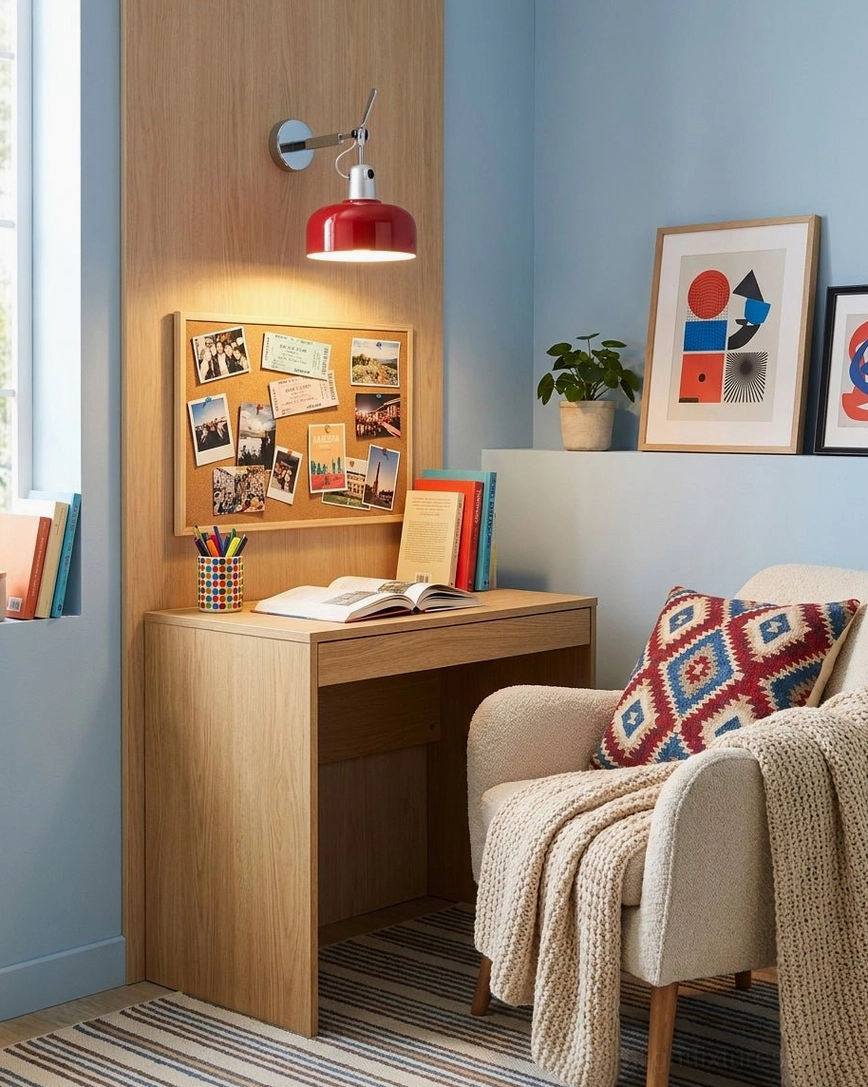 Adjustable red Rosso wall sconce in study nook with wood accent wall and gallery wall decor