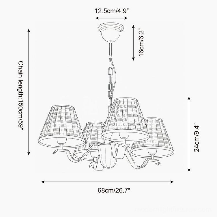 Rosvyn 4-arm chandelier technical dimension drawing showing 68cm diameter and 150cm adjustable chain specifications