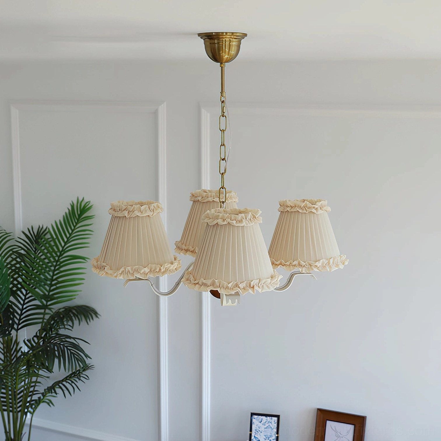 Rosvyn 4-arm fabric chandelier in transitional home interior with soft diffused lighting effect