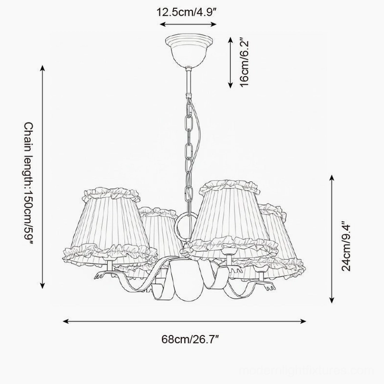 Rosvyn 4-head fabric chandelier technical drawing showing traditional multi-arm silhouette and dimension markings