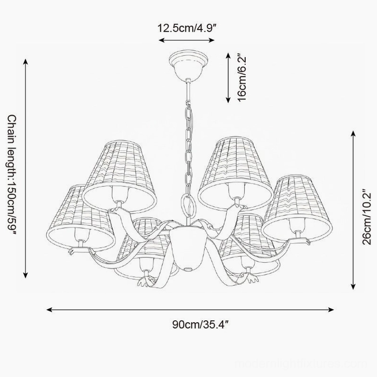 Rosvyn 6-arm chandelier CAD drawing with 90cm width 150cm chain length and complete size annotations