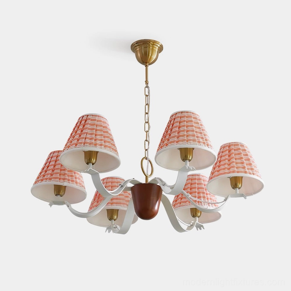 Rosvyn 6-arm fabric chandelier with pleated patterned shades and brass metal frame on white background front view