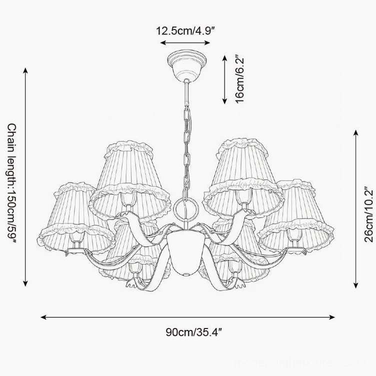 Rosvyn large 6-arm fabric chandelier CAD sketch with pleated shade style and full size dimension labels
