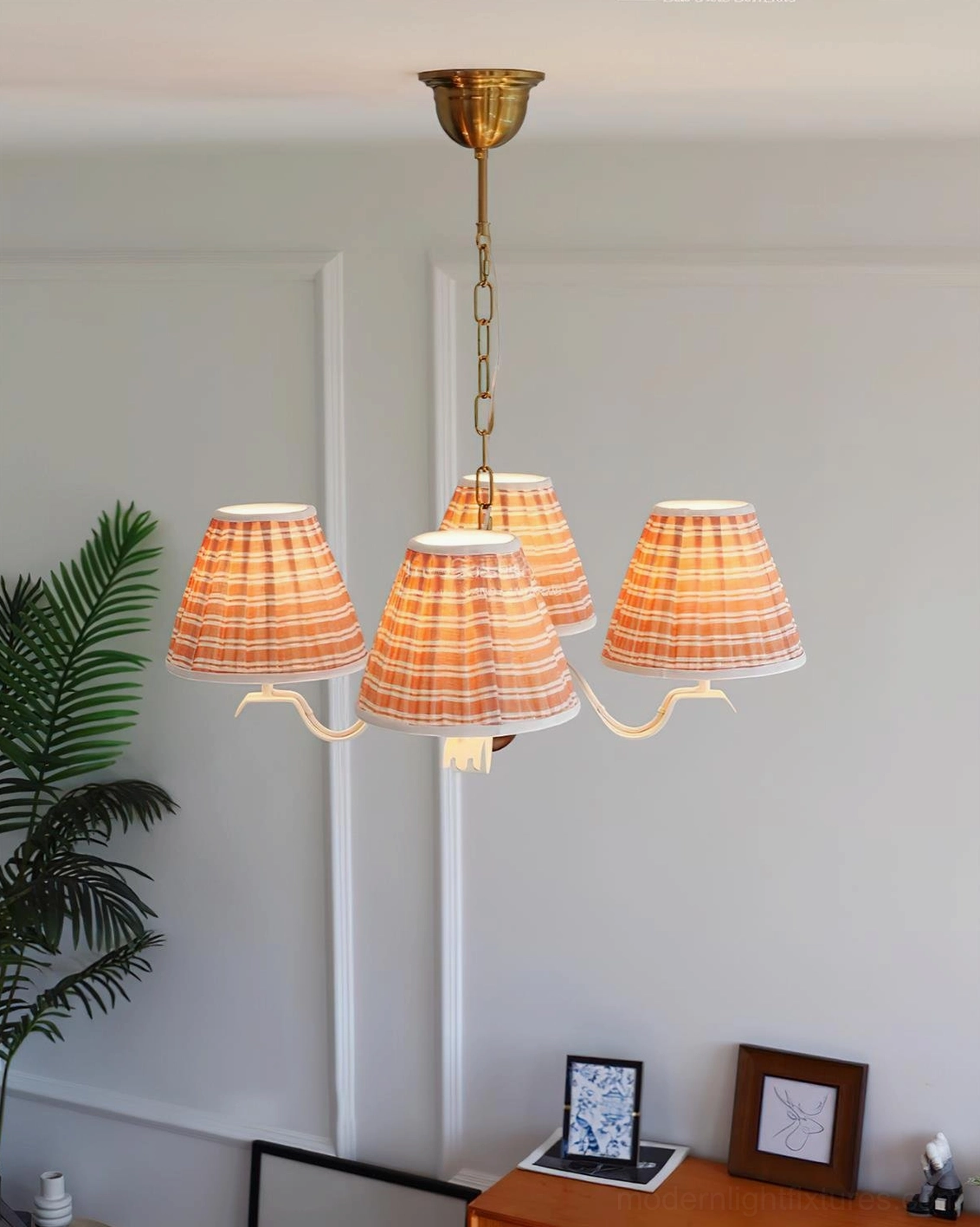 Rosvyn 6-head large fabric chandelier in open living space creating ambient vintage lighting