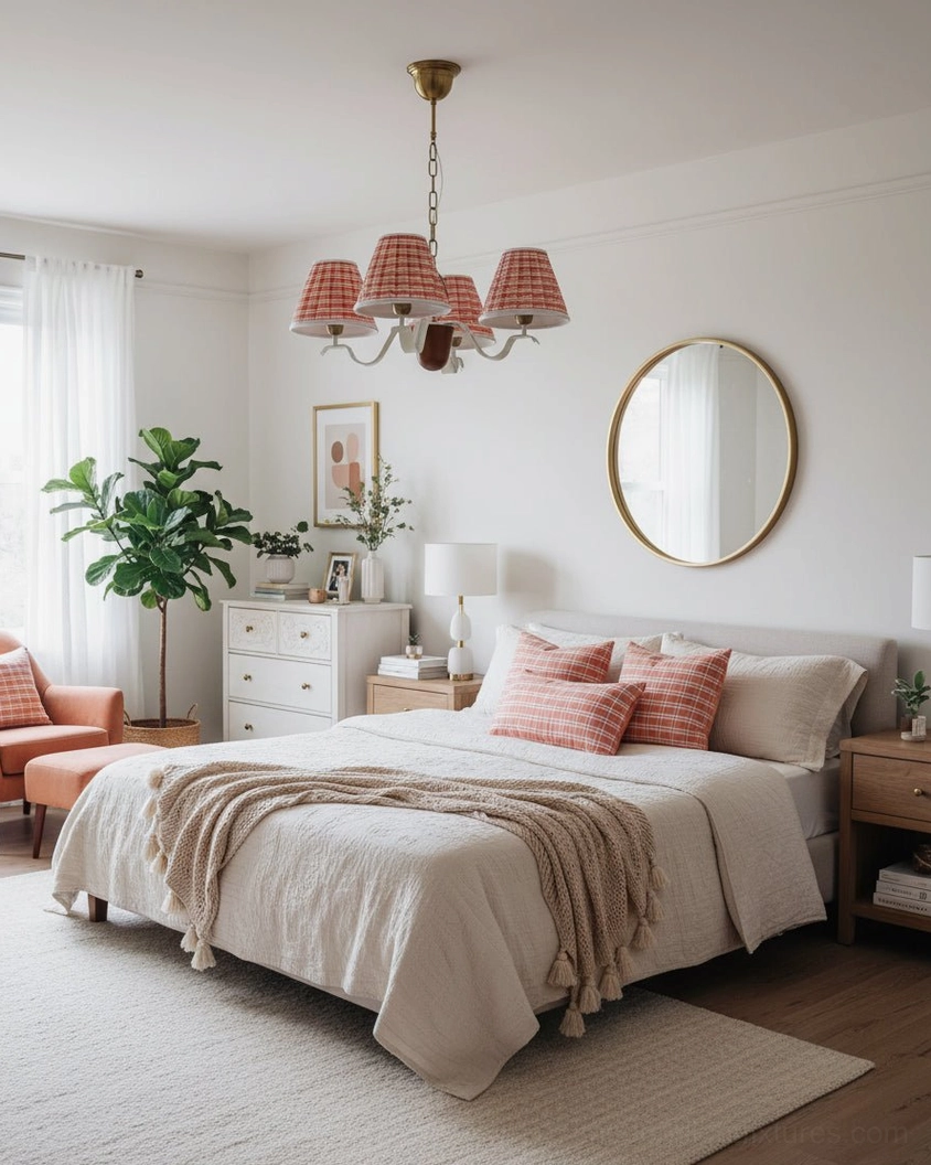 Rosvyn fabric shade chandelier suspended above bed in calm neutral master bedroom interior