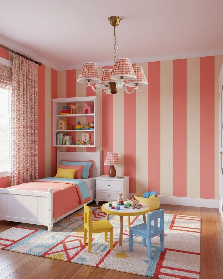 Rosvyn fabric chandelier installed in bright children's bedroom with pink striped walls and warm vintage lighting ambiance