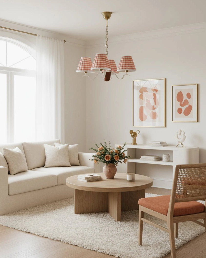 Rosvyn multi-arm pleated fabric chandelier in minimalist neutral living room creating warm ambient glow