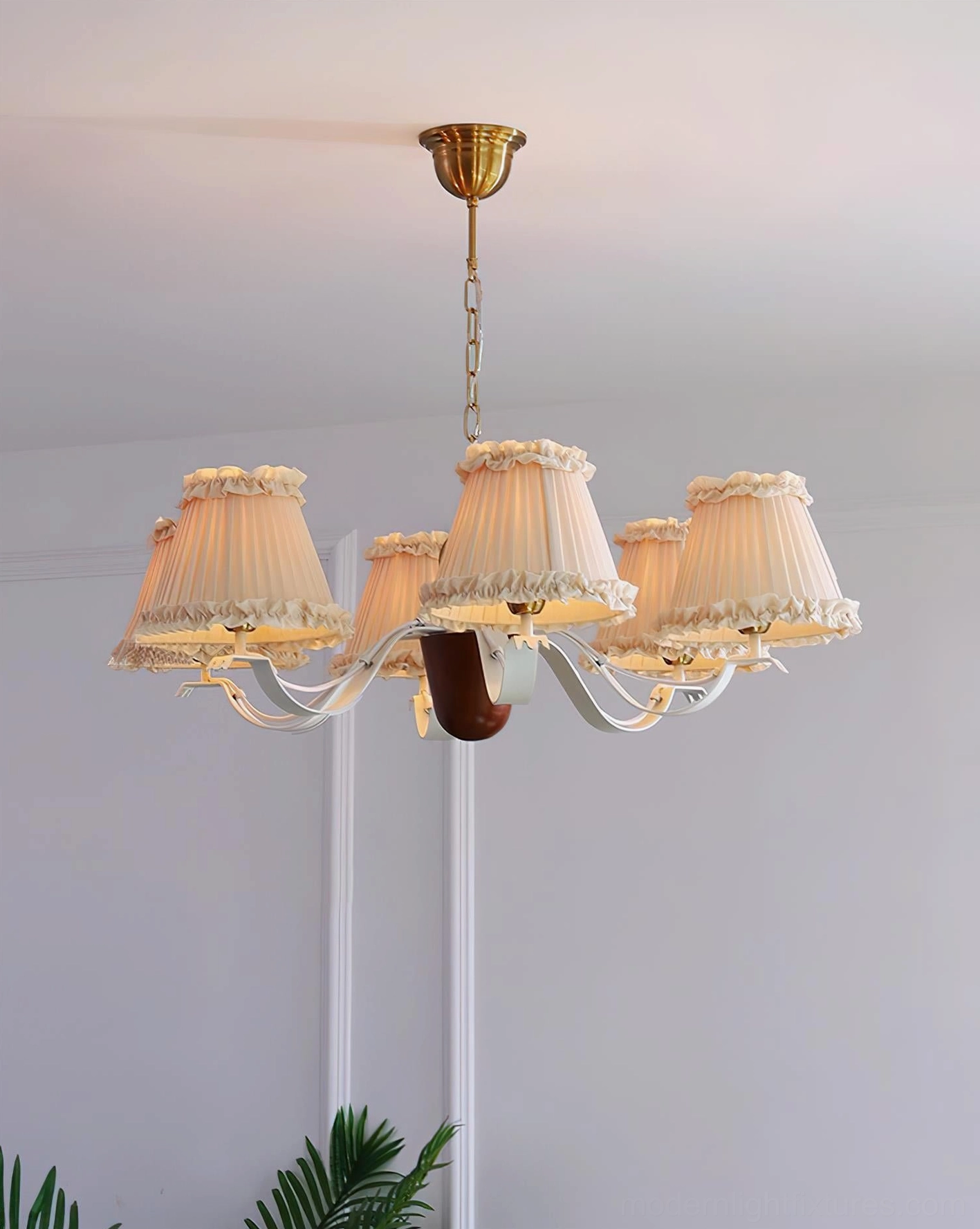 Rosvyn fabric chandelier featuring refined plaid pattern shades and symmetrical arm design